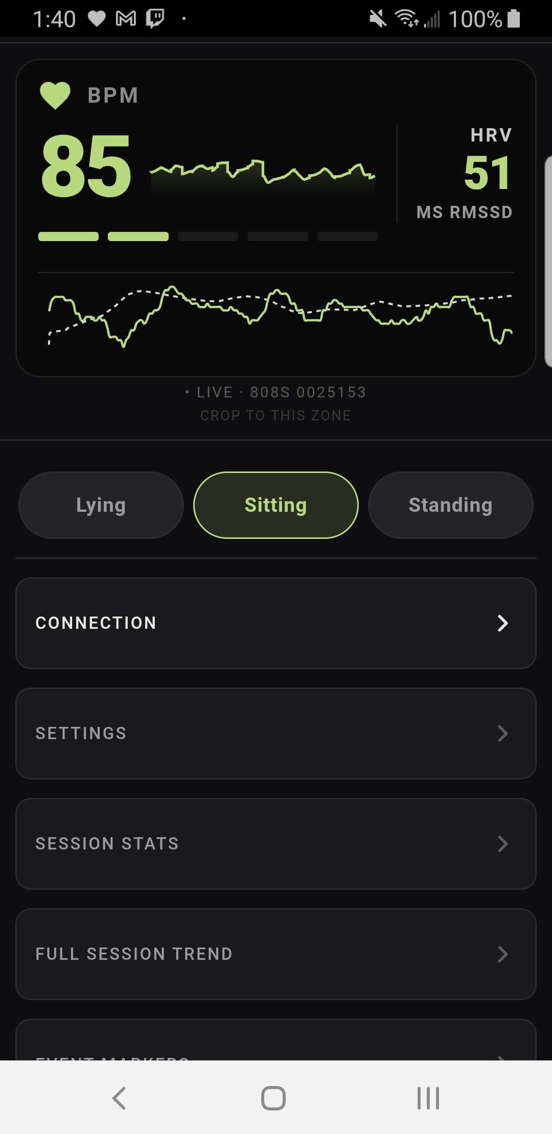 Mobile live widget with HR, HRV, trend line, and posture buttons